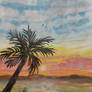 Sunset and palm - watercolor 