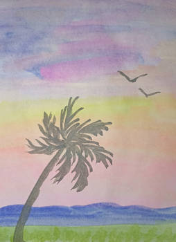 Palm and pink sky - watercolour painting 