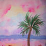 Pink sunset and palm - watercolour
