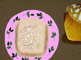 Coffee with sandwich and mushrooms