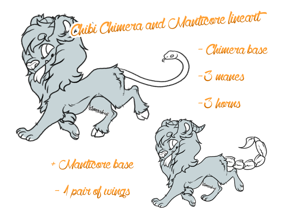 Chibi Chimera and Manticore lineart P2U