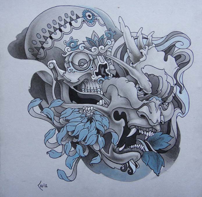 Tattoo design - Skull and Hanya mask