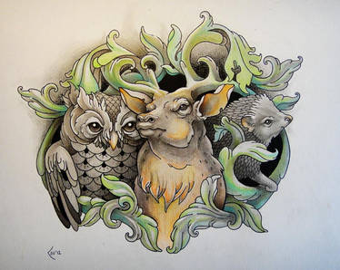 Tattoo design - Owl, Deer and Hedgehog