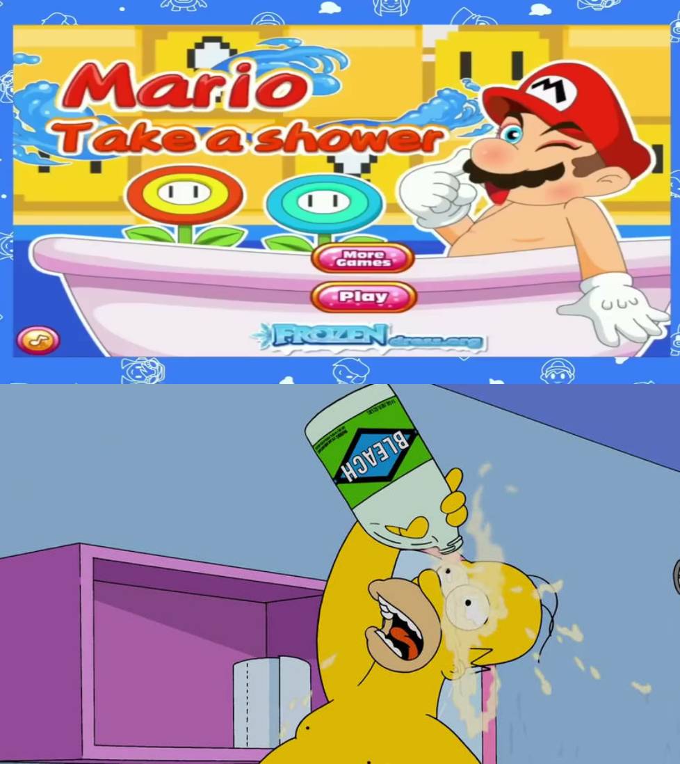 Mario takes a Shower makes Homer bleach his eyes by KimmieArts on