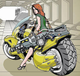 armored girl on motocycle-relo