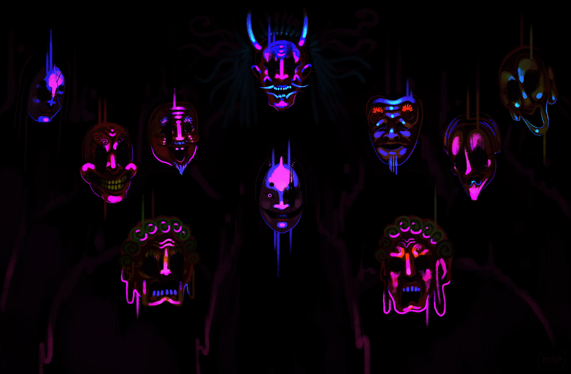 Neon Mask Character Neon Nightmares: Noh Masks by MisterFeelgood on DeviantArt