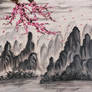 Chinese mountains and Sakura tree | Oil Painting