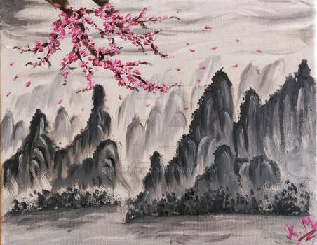 Chinese mountains and Sakura tree | Oil Painting