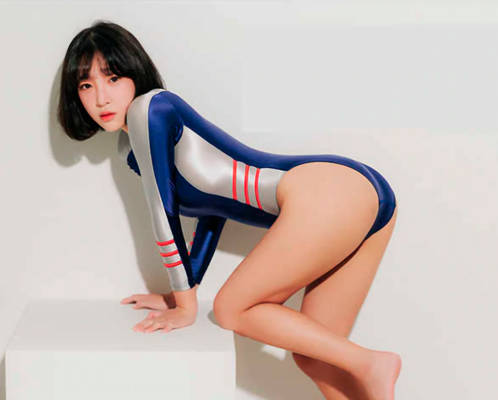 Hot japanese girl in silver blue swimsuit