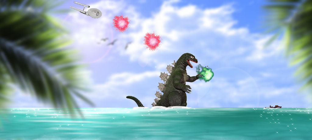 Godzilla Fish Machine Enterprise saving a fishing boat from Godzilla by Dynamoe on DeviantArt