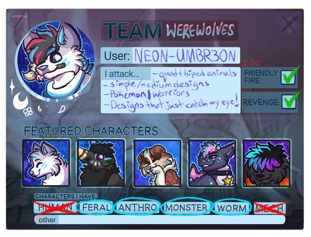 Artfight 2023 Profile Card by RoosterTheLynx on DeviantArt