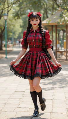 Schoolgirl wearing red and black