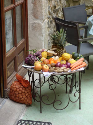 Gag of walnuts and vegetables and fruits old table by A1Z2E3R
