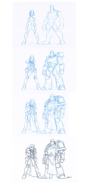 Space Marine and Sister drawing process