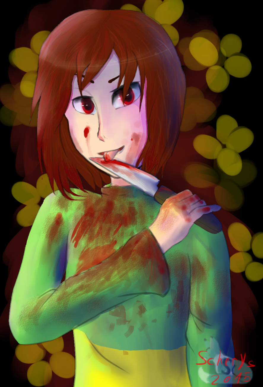 Digital art of chara from undertale with a knife