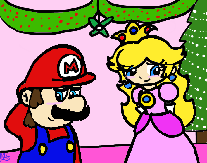 Mario and Peach under the mistletoe X3