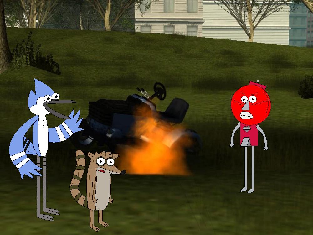 Mordecai and Rigby wreck the Lawnmower