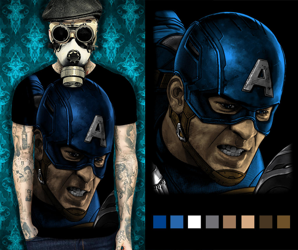 CAPTAIN AMERICA FACE ON BLACK T SHIRT SCREENPRINT