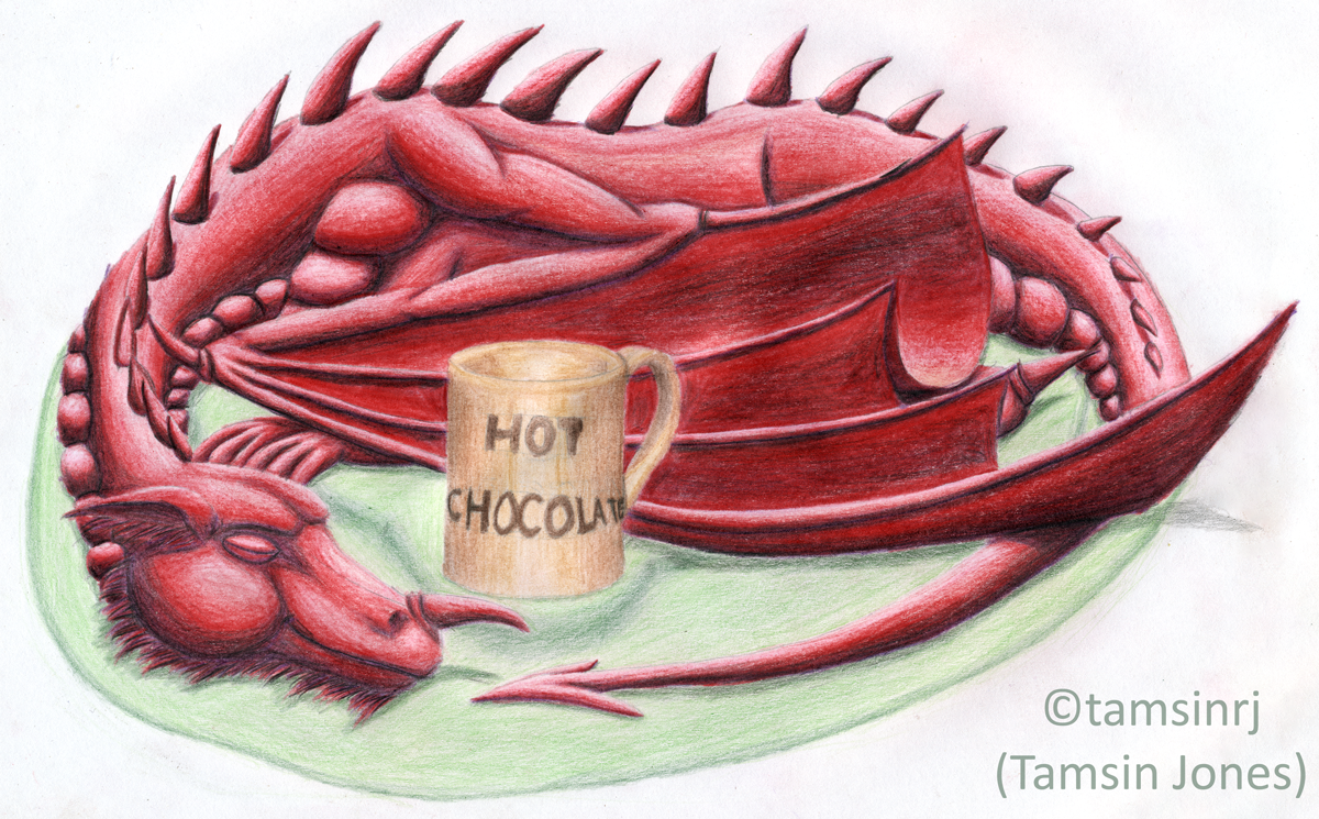 Welsh dragon with hot chocolate