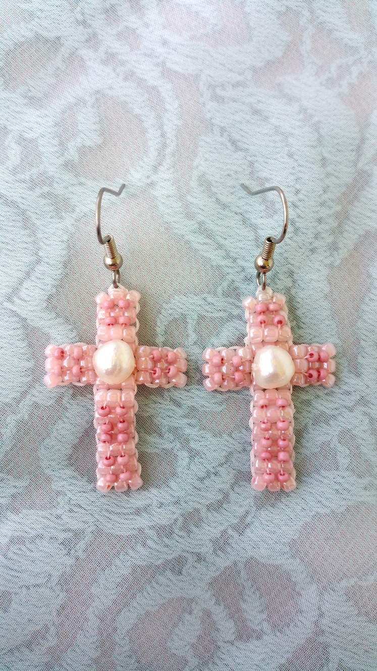 Pink cross earrings