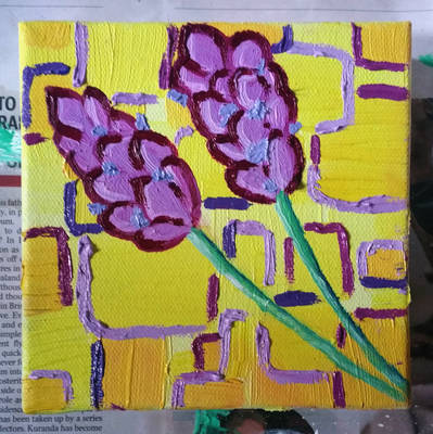 Oil painting - lavender on yellow