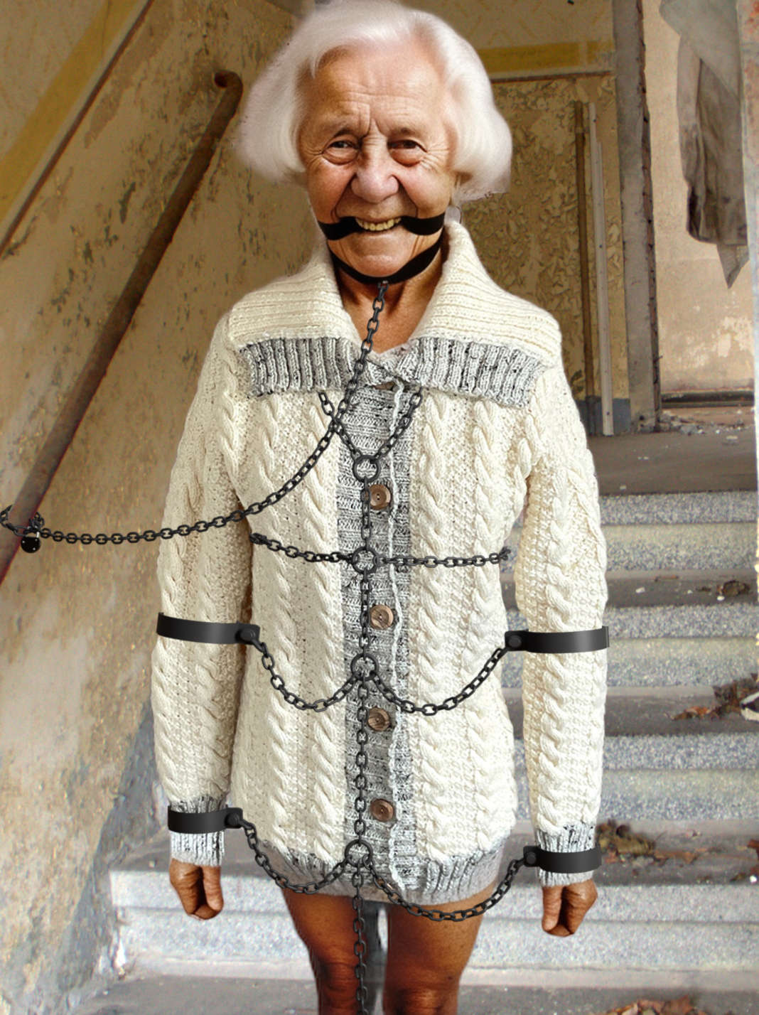Granny Chained And Gagged In The Stairwell By IngoD On DeviantArt granny-chained-and-gagged-in-the-stairwell-by-ingod-on-deviantart