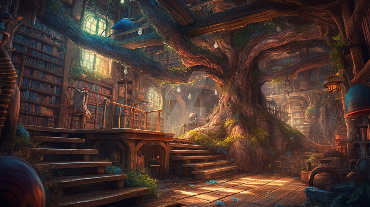 Whispers of the Enchanted Tree Library by MisconceptionAIArt on DeviantArt