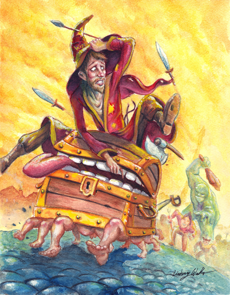 Rincewind and Luggage on the run by puggdogg