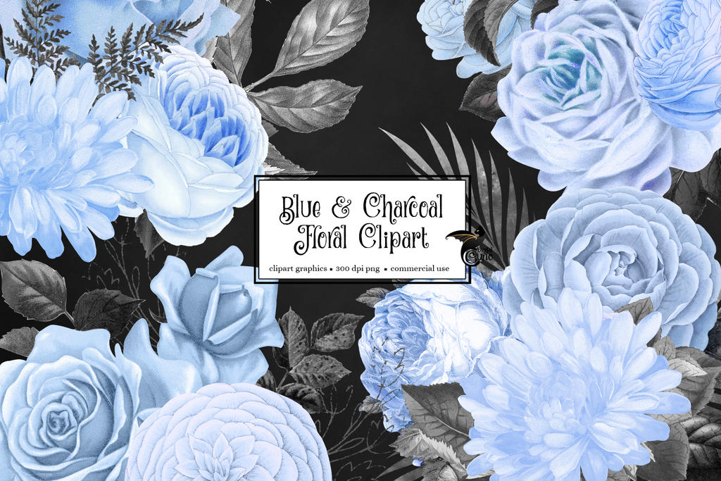 Blue And Charcoal Floral Clipart 