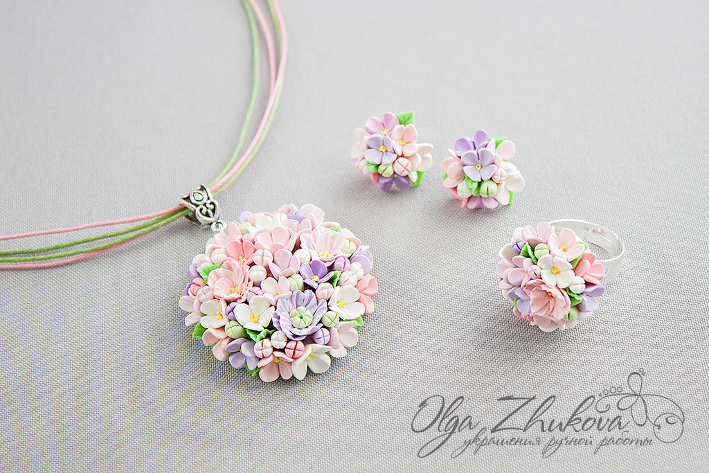 Set with flowers from polymer clay