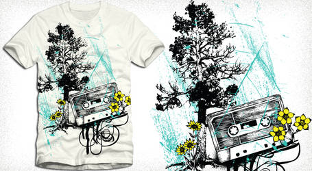 Music T-shirt Design with Cassette, Tree, Flowers