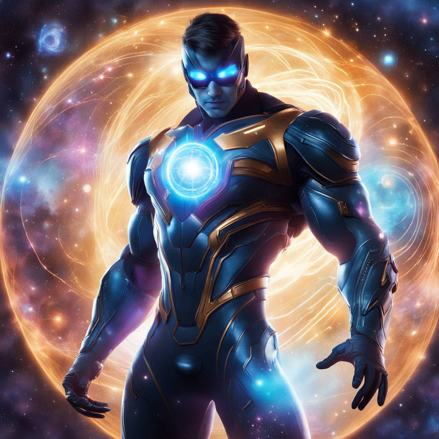 A superhero in a futuristic suit, surrounded by sw