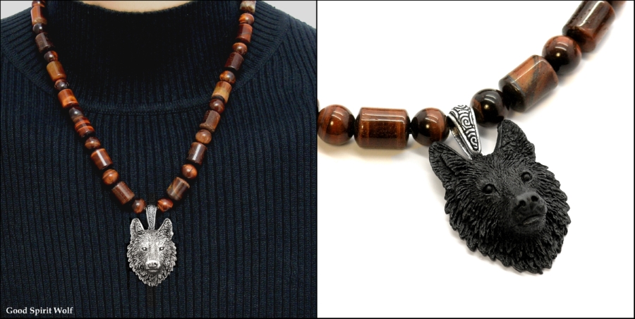 Tribal Wolf on Red Tiger's Eye Necklace