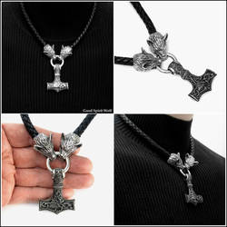 Large Mjolnir Necklace with Wolf Head Connectors