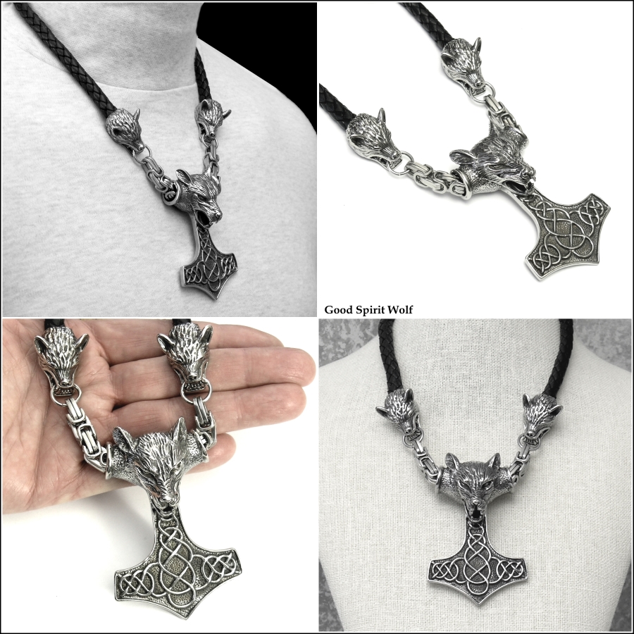 Werewolf Wolf Head Fenrir Mjolnir Necklace