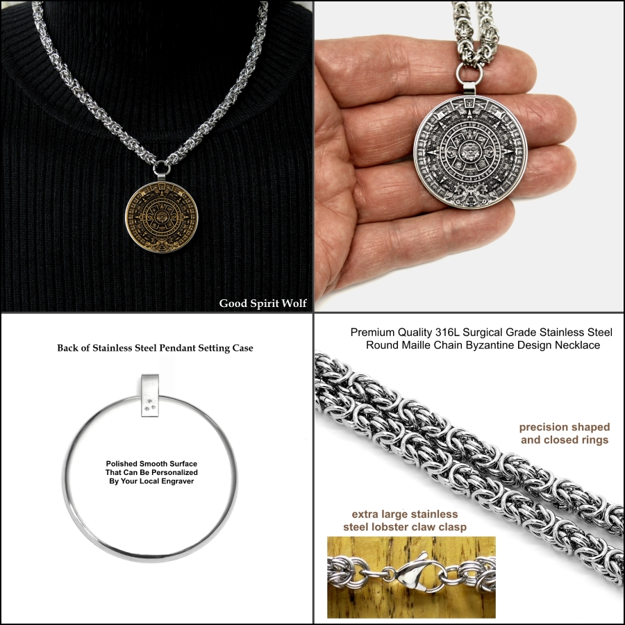 Aztec Calendar Stone Coin W/All Stainless Necklace