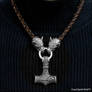 Large Mjolnir Hammer On Wolf Heads Tribal Necklace