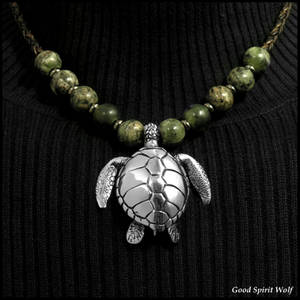 Large Sculpted Sea Turtle Tribal Beaded Necklace