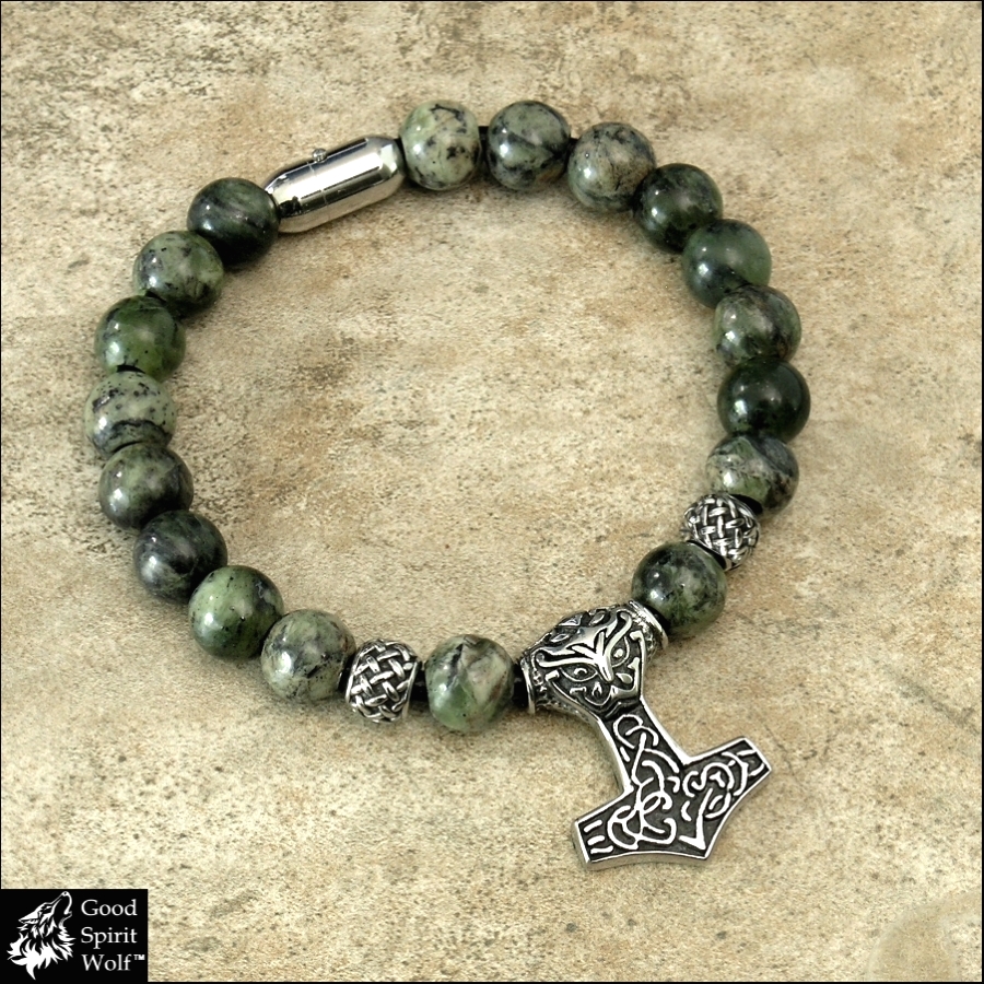 Small Mjolnir Hammer on Jade Bead Bracelet