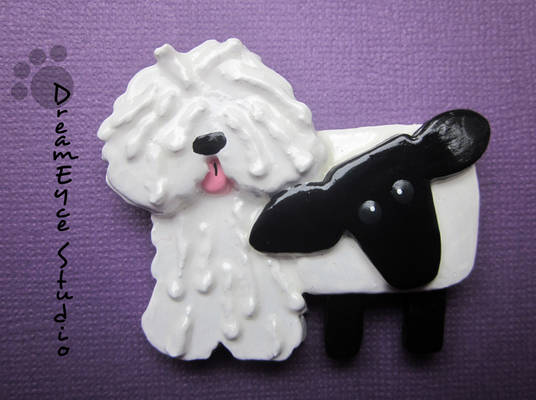 White Puli with a Sheep DreamEyce Studio Brooch