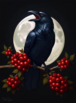 Cawing Raven Under A Full Moon
