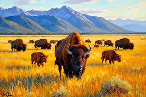 Majestic Bison In A Vast Field