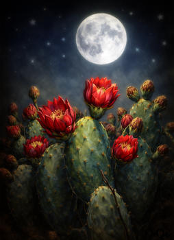 Cactus Blooms Under Full Moon X