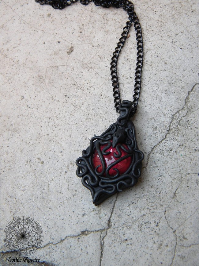 Gothic Roses and Skull Pendant Necklace Polymer Clay Hand Sculpted on Velveteen Cord