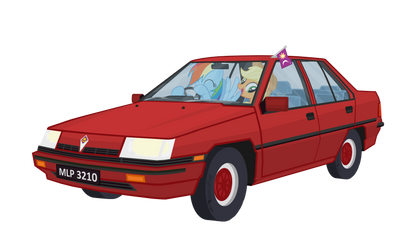 Rainbow Dash driving Proton Saga With Applejack