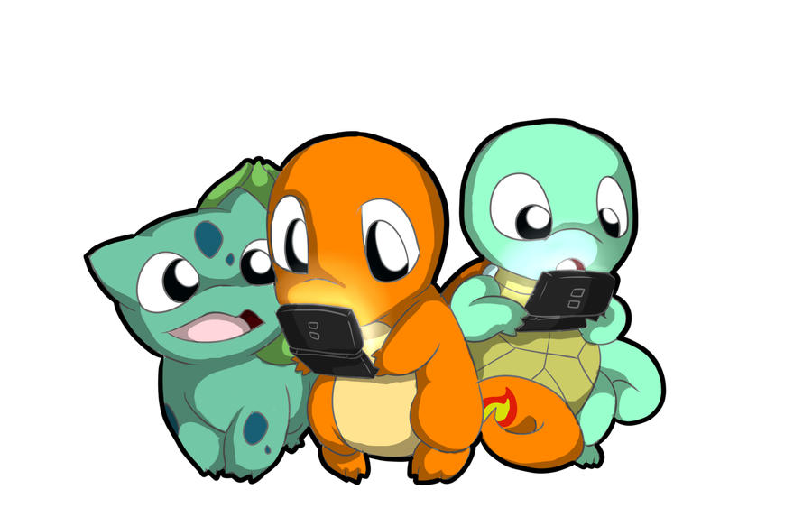 Charmander, Squirtle, and Bulbasaur playing the Ds