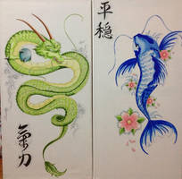 Green Dragon and Blue Koi Fish