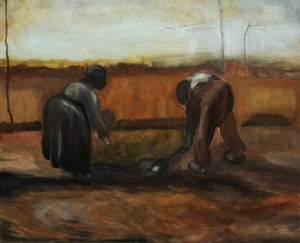 Peasant man and woman planting potatoes