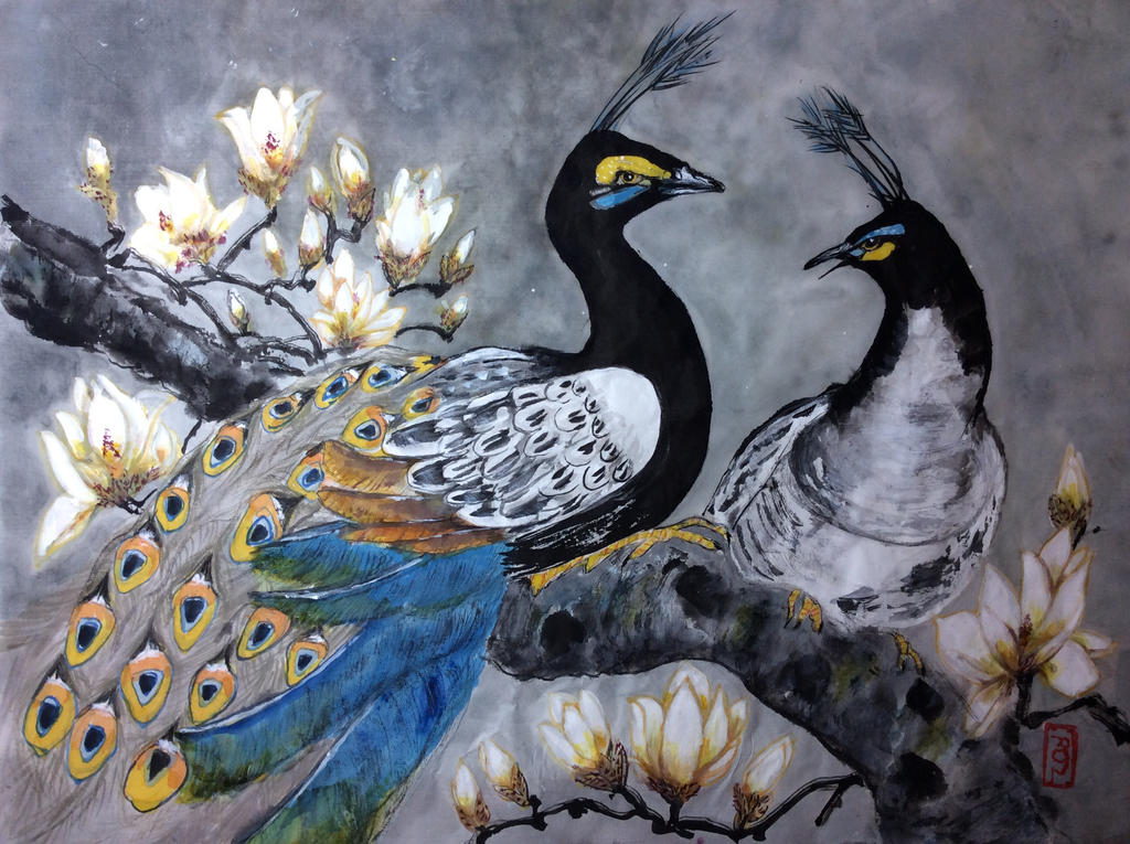 Peacock date in the magnolia tree by RosalindClarke Peacock date in the magnolia tree by RosalindClarke