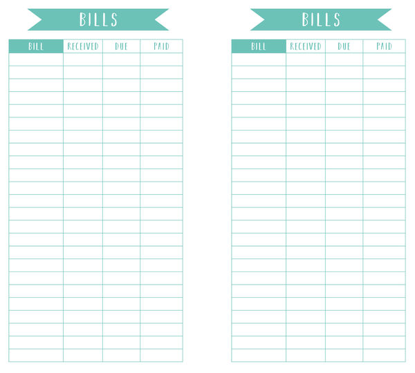 Bill Tracker Personal Size Free Printable